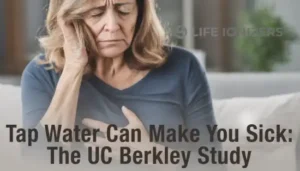 a woman clutches her stomach in pain after drinking tap water that made her sick