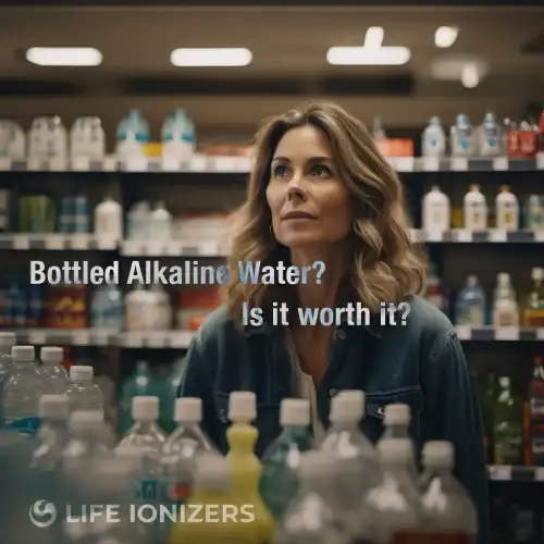 considering buying bottled alkaline water, a woman thinks as she looks at a bunch of water bottles