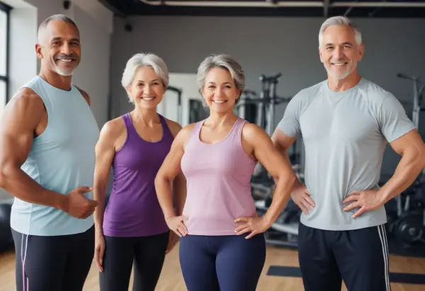 A group of older adults stand together at a gym